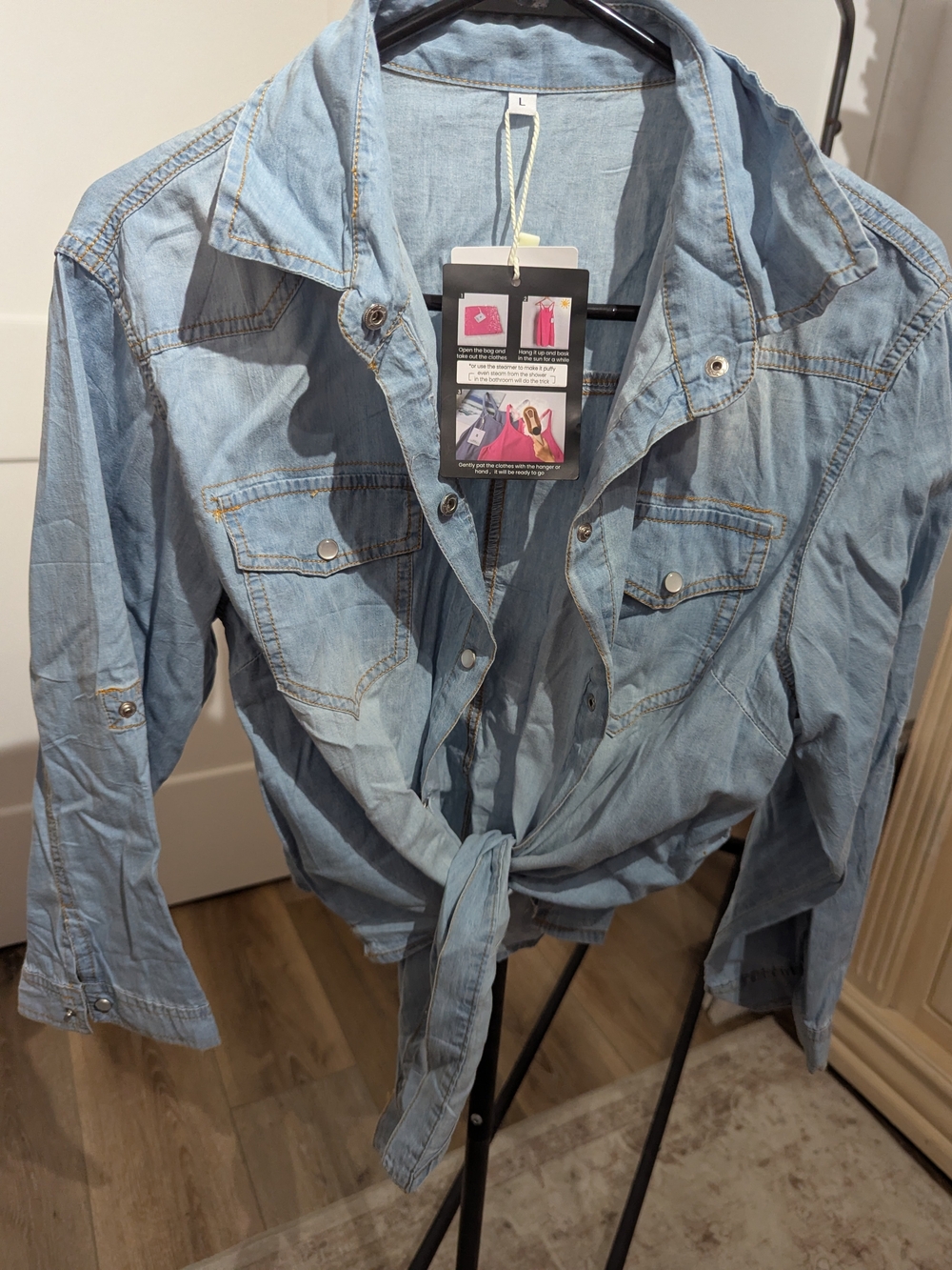 Women's Light Blue Tie-Front Denim Shirt Sweater
